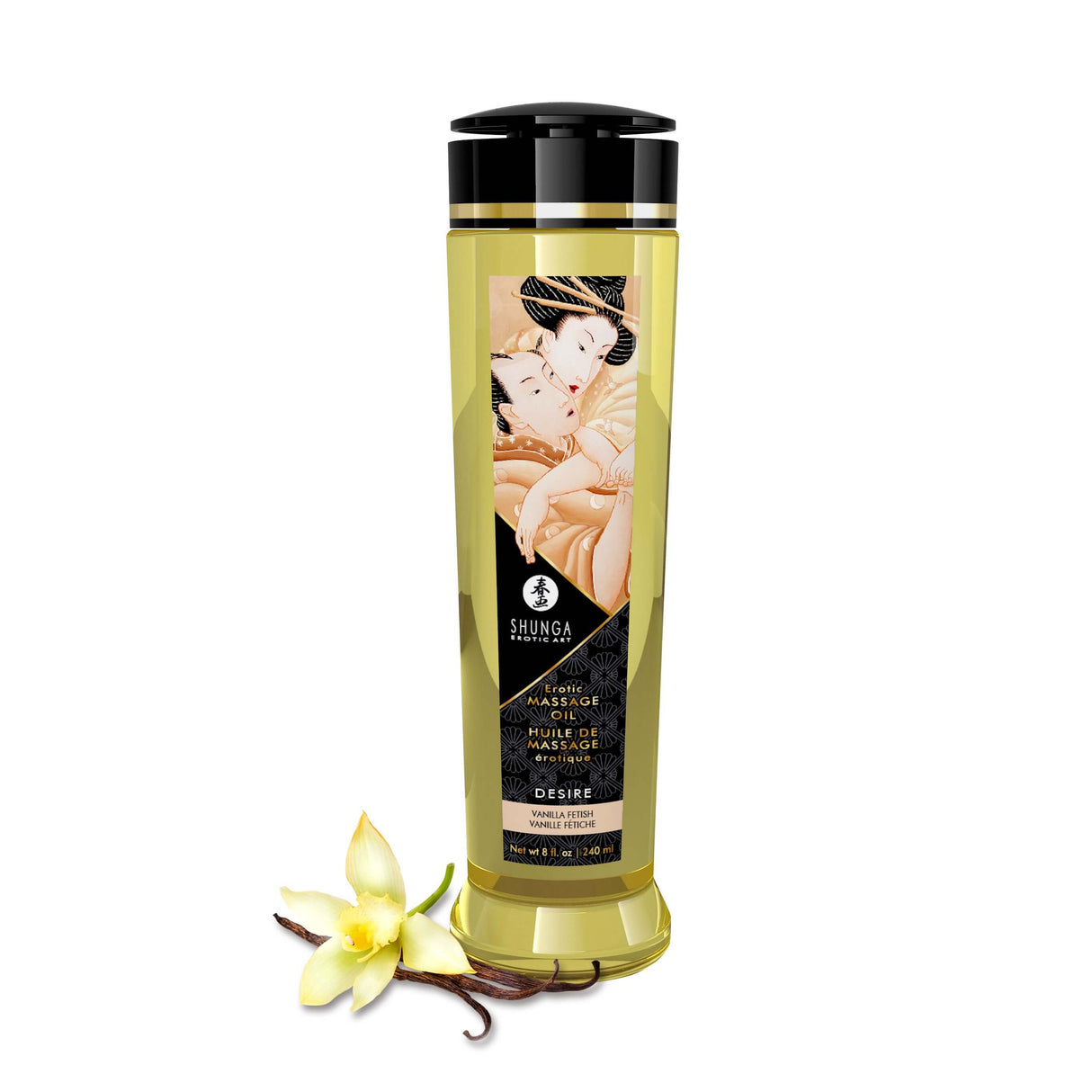 Shunga Massage Oils Desire Vanilla 8 Oz bottle with vanilla flower, offering silky-smooth massage experience.