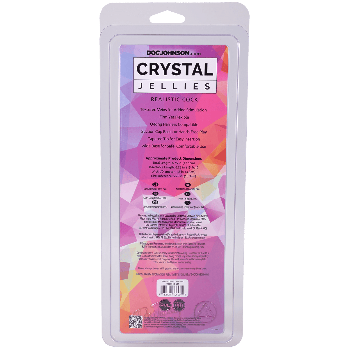 Crystal Jellies Realistic Cock 7 Inches Pink packaging with product details and features listed.