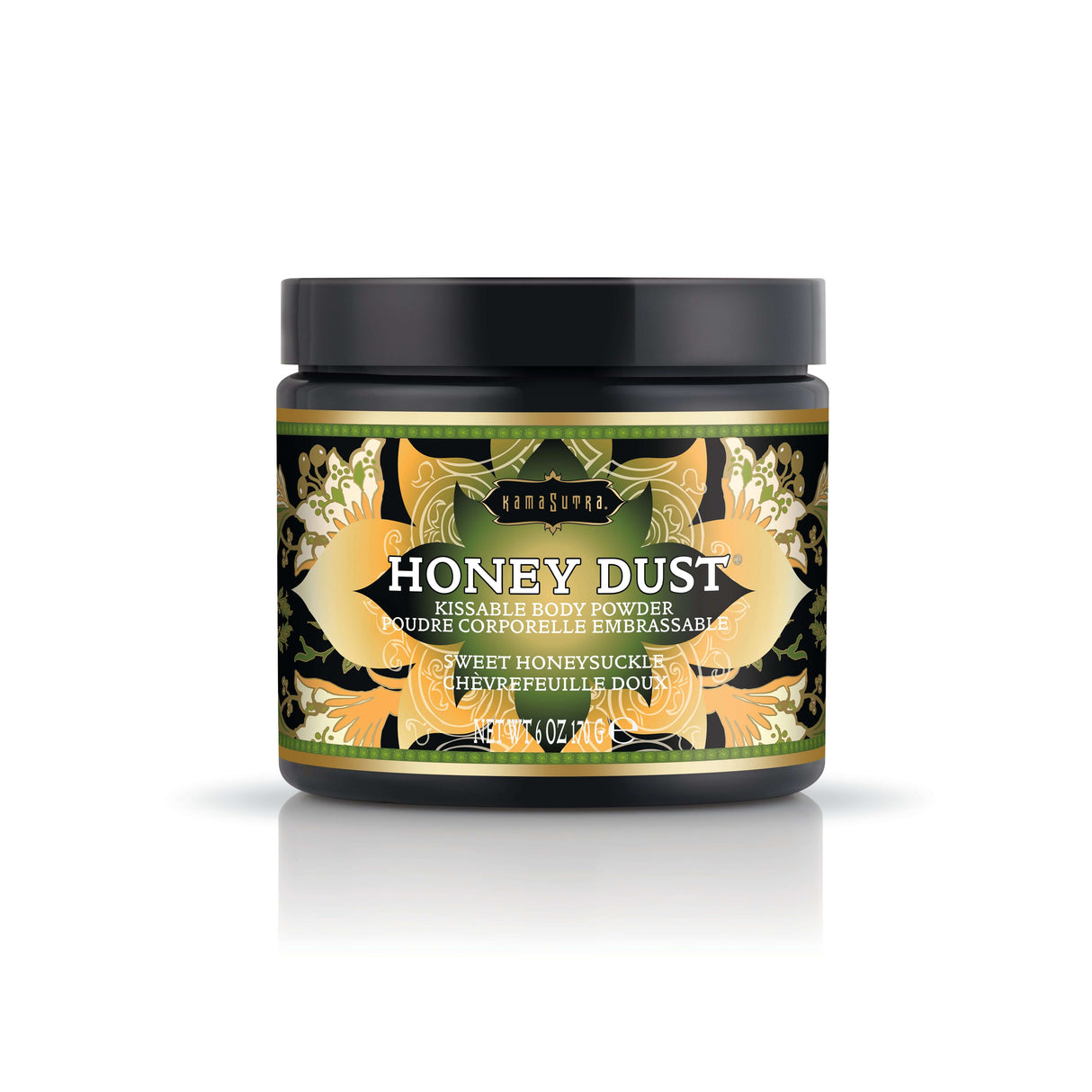 Kama Sutra Honey Dust Sweet Honeysuckle 6 Oz jar of kissable body powder with honeysuckle fragrance.