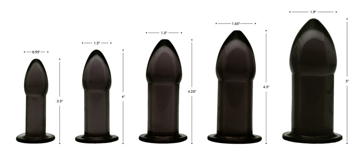 Master Series 5 Piece Anal Trainer Set Black displayed with size dimensions for each plug.