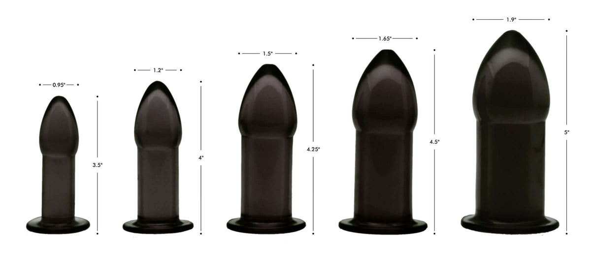 Master Series 5 Piece Anal Trainer Set Black displayed with size dimensions for each plug.