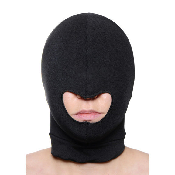 Blow Hole Open Mouth Spandex Hood worn, showcasing its designed sensory play feature and black stretchy material.
