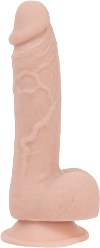 Realistic beige silicone dildo with veiny texture and suction base for hands-free use.
