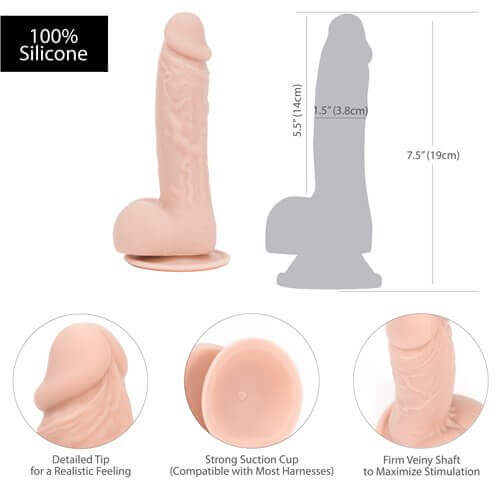 Realistic 7.5-inch beige silicone dildo with veined shaft and strong suction cup for hands-free use.