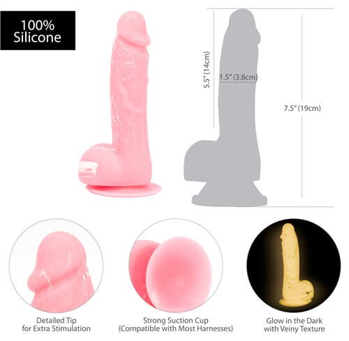 Addiction Silicone Toy Collection Brandon 7.5 inches Dildo Glow in the Dark Pink