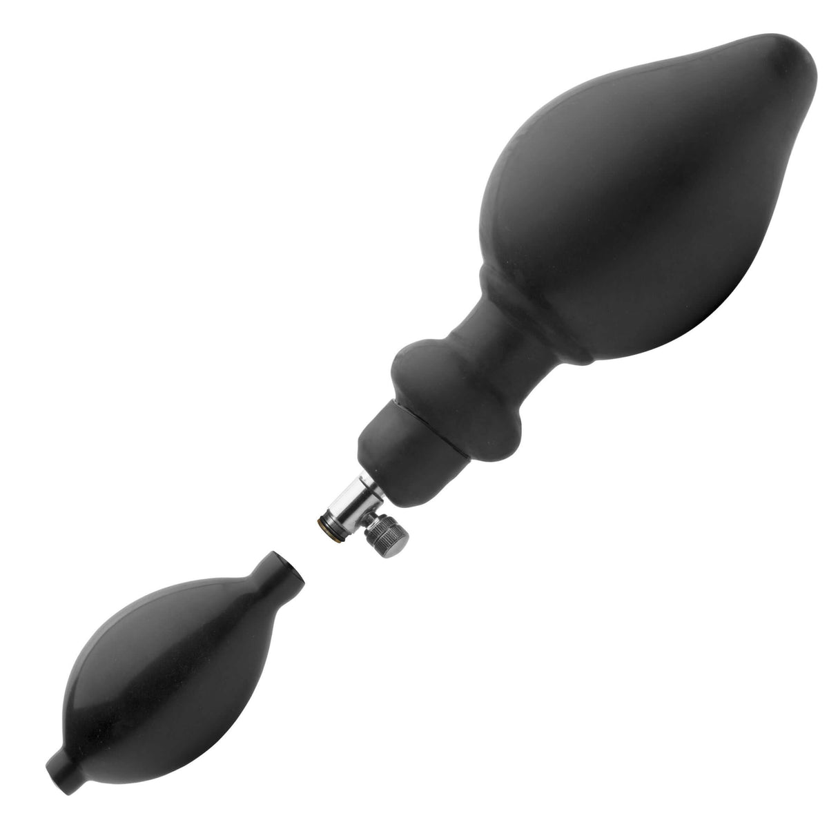 Master Series Expander Inflatable Anal Plug with Removable Pump, featuring a sleek black design and integrated hand pump.