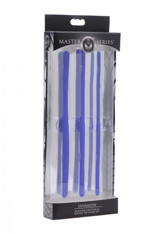 Master Series Urethral Sound Trainer Set Silicone in packaging, featuring three graduated silicone rods for sounding play.