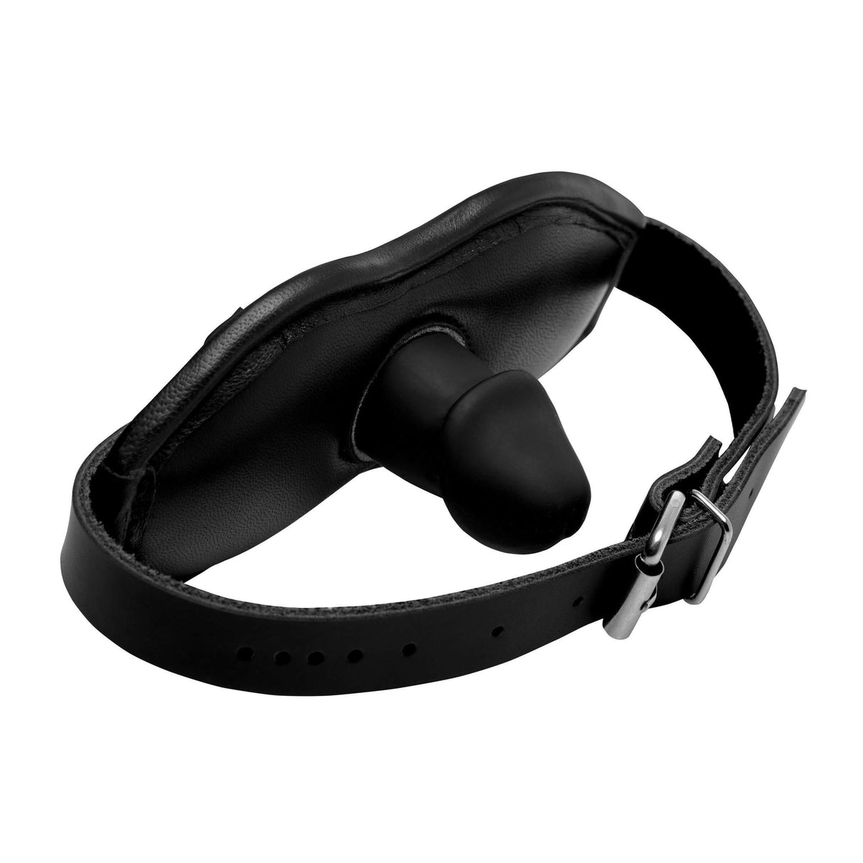 Strict Cock Head Silicone Mouth Gag with padded strap and realistic silicone design for BDSM roleplay.