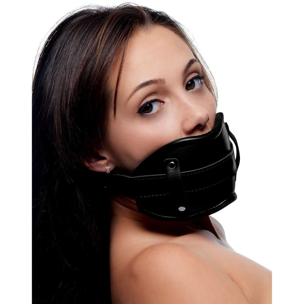 Strict Cock Head Silicone Mouth Gag worn by a model, showcasing its design and fit for immersive BDSM roleplay.