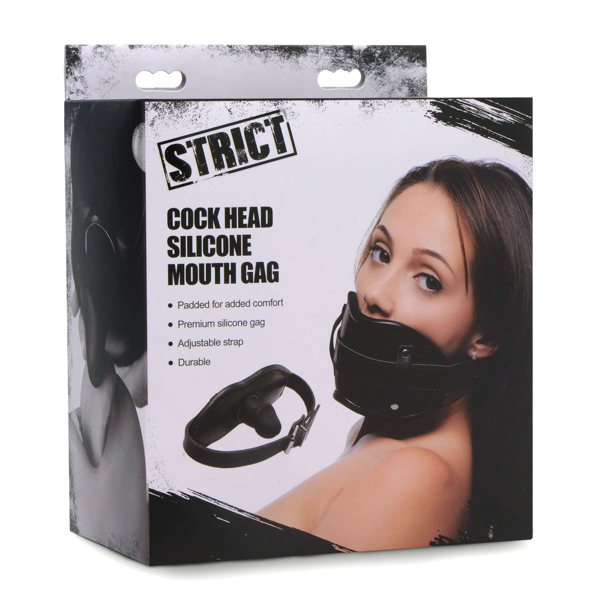 Packaging of Strict Cock Head Silicone Mouth Gag featuring padded comfort, premium silicone, and adjustable strap.