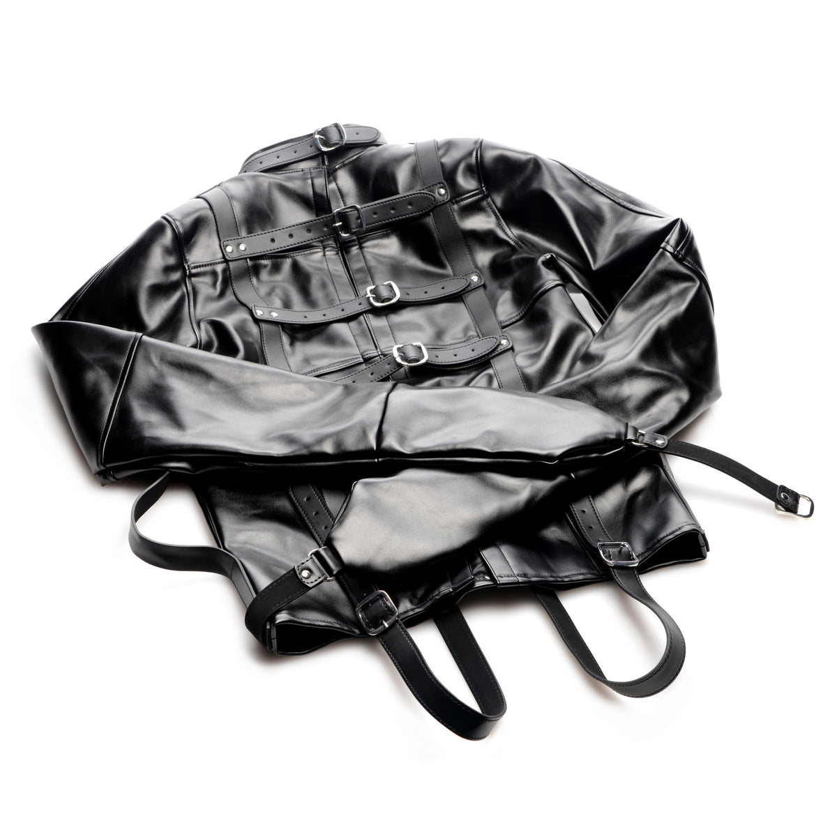 STRICT Straight Jacket Medium Faux Leather Black displayed on a white background with detailed straps and buckles.