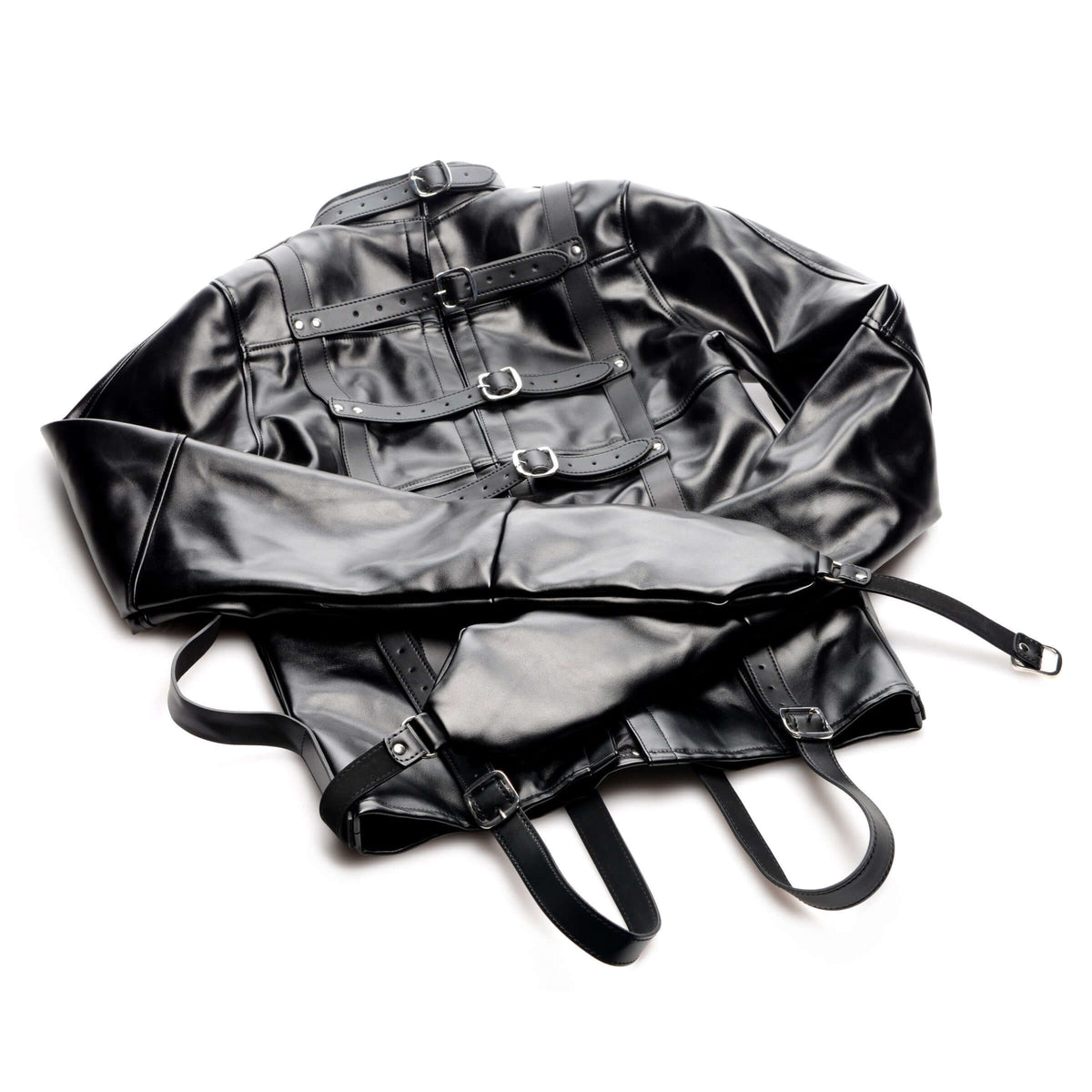 STRICT Straight Jacket Medium Faux Leather Black displayed on a white background with detailed straps and buckles.