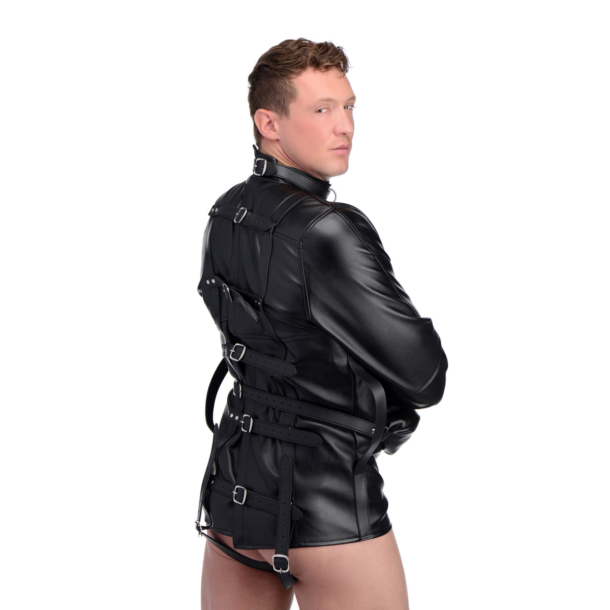 STRICT Straight Jacket Medium Faux Leather Black model showcasing the bondage design and secure buckles.