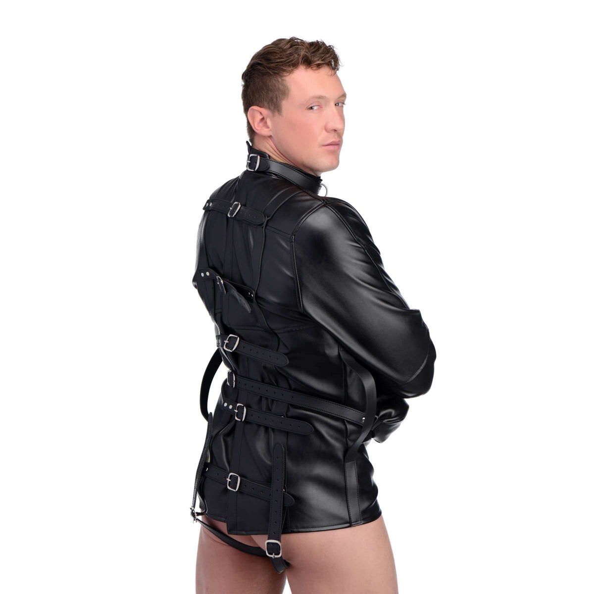 STRICT Straight Jacket Medium Faux Leather Black model showcasing the bondage design and secure buckles.