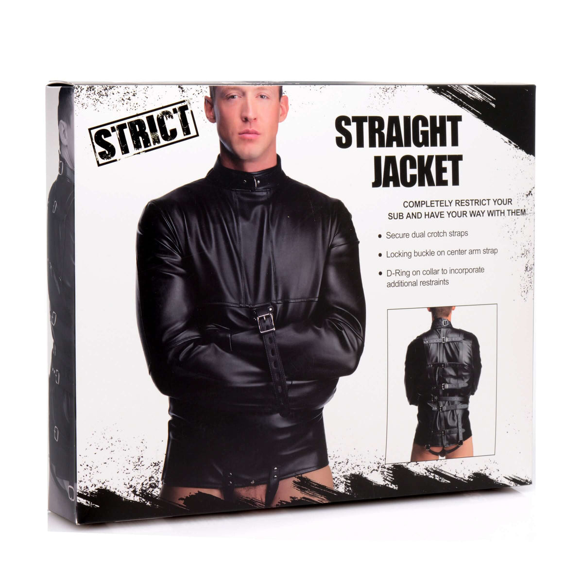 STRICT Straight Jacket Medium Faux Leather Black packaging with model wearing the jacket, emphasizing restraint features.