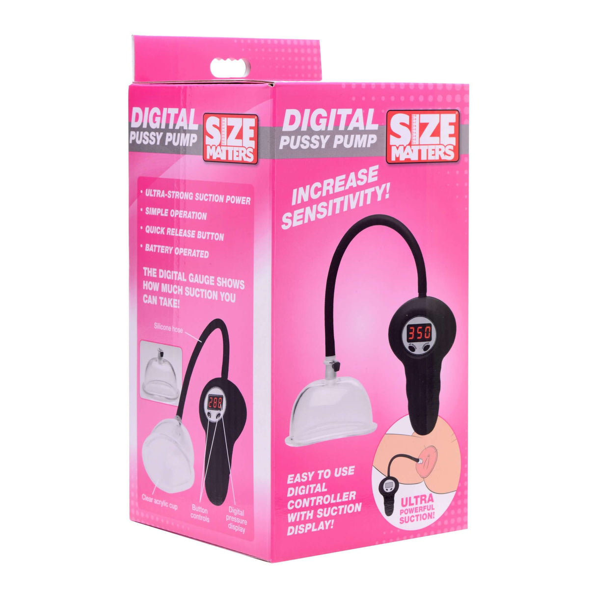 Size Matters Digital Automatic Pussy Pump packaging featuring easy-to-use digital controls and suction display.