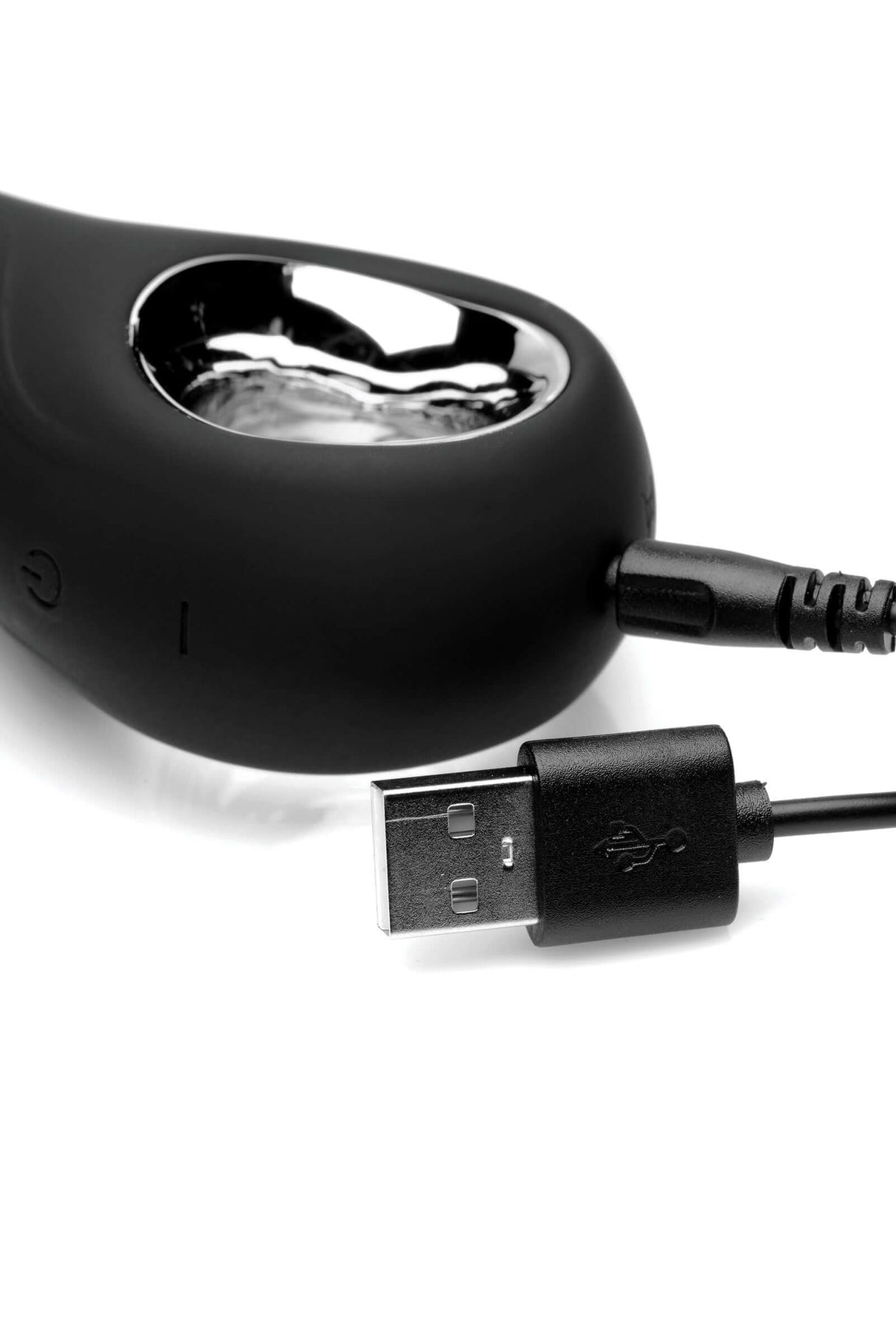 Close-up of the rechargeable Master Series Dark Scepter 10X Vibrating Silicone Anal Beads with USB connection.