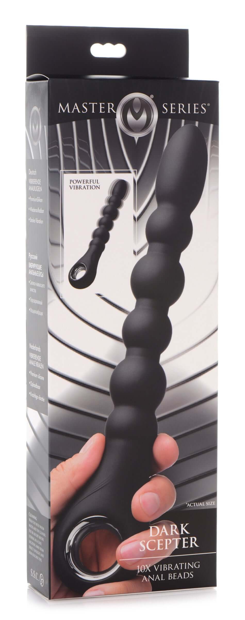 Master Series Dark Scepter 10X Vibrating Silicone Anal Beads packaging showcasing the ergonomic design and graduated beads.