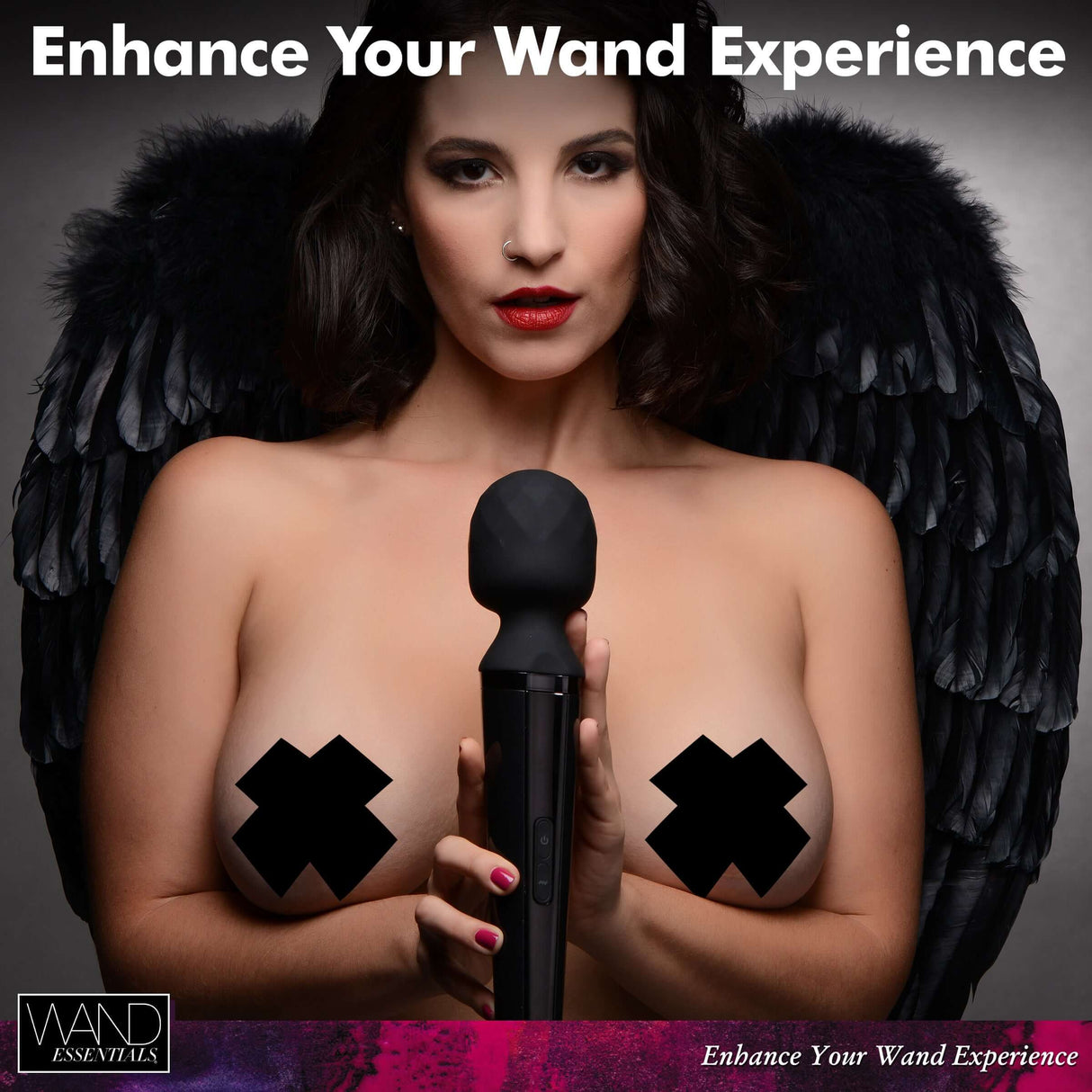 Woman with wings holding Diamond Head 24X Rechargeable Silicone Wand Massager, enhancing wand experience.
