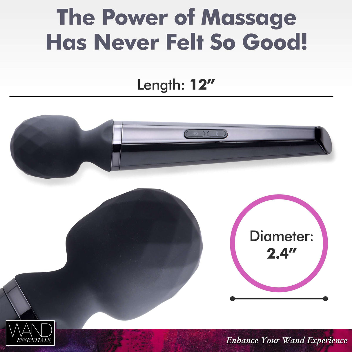 Diamond Head 24X Rechargeable Silicone Wand Massager showcasing its 12-inch length and 2.4-inch diameter for powerful massage.