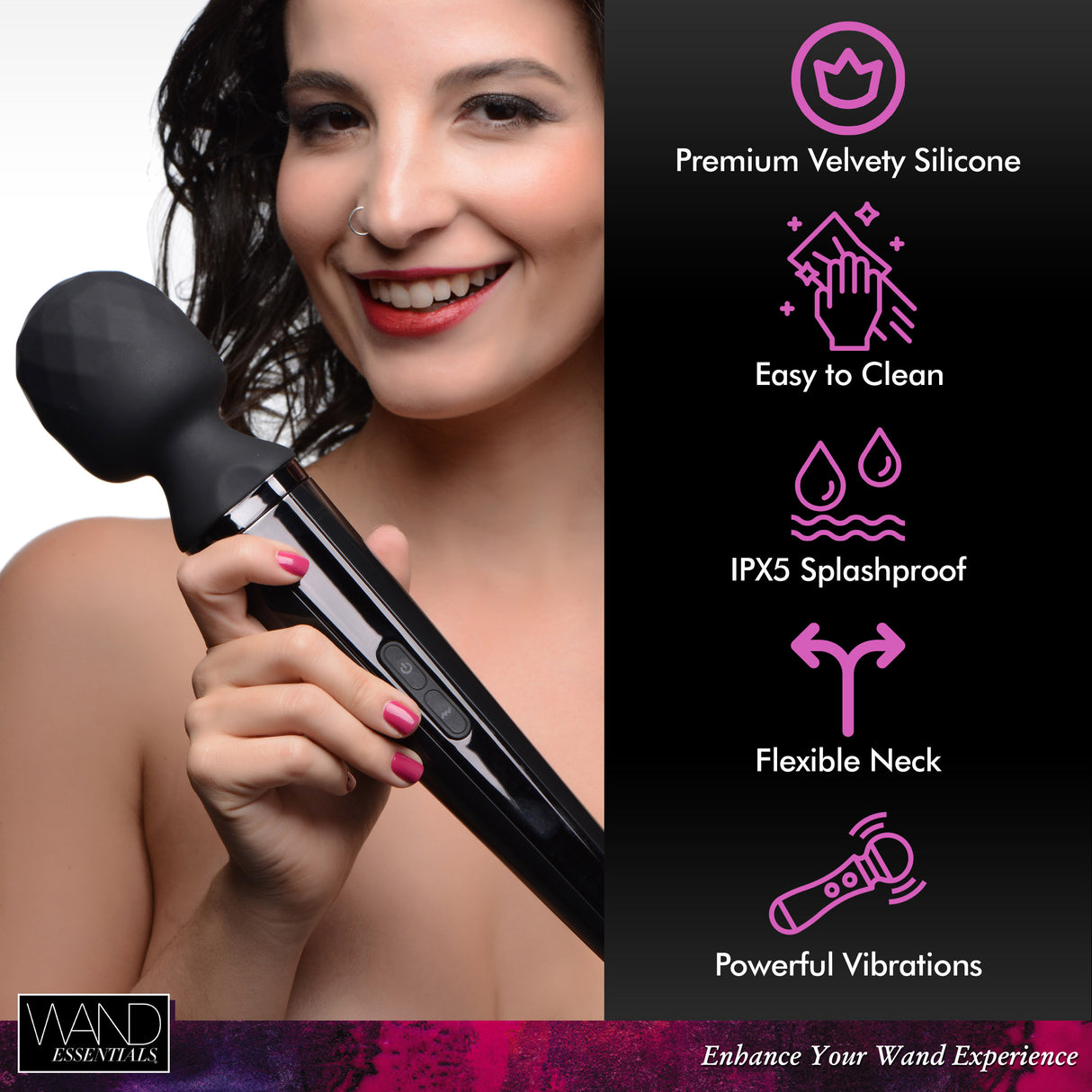 Diamond Head 24X Rechargeable Silicone Wand Massager showcasing its premium design and features for customized massage experience.