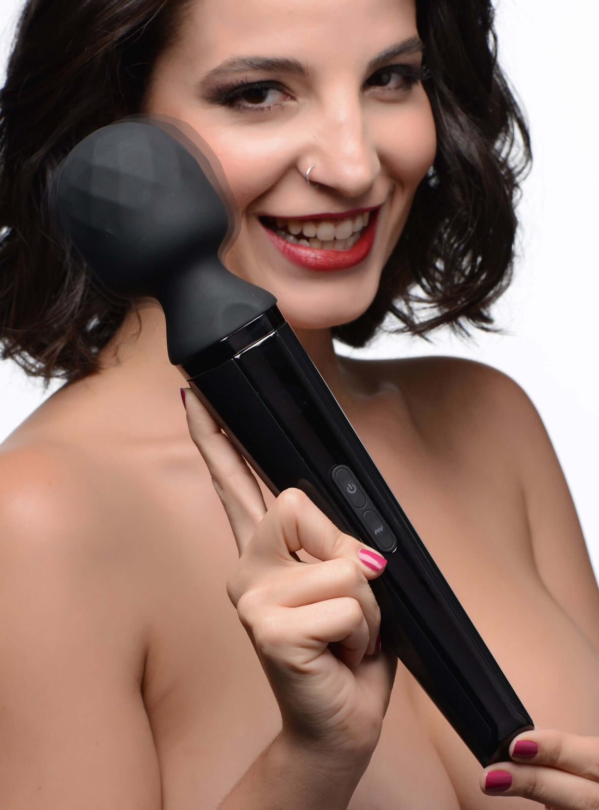 Diamond Head 24X Rechargeable Silicone Wand Massager held by a smiling woman.
