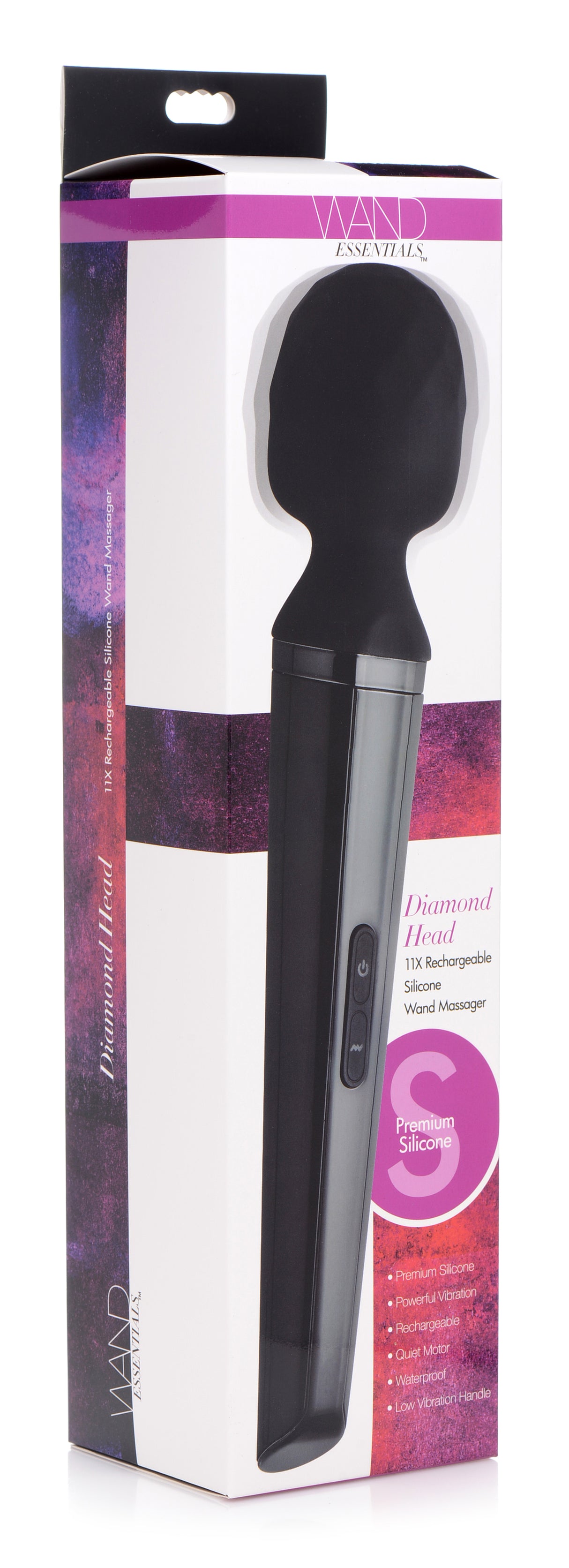 Diamond Head 24X Rechargeable Silicone Wand Massager in sleek black packaging with ergonomic design.