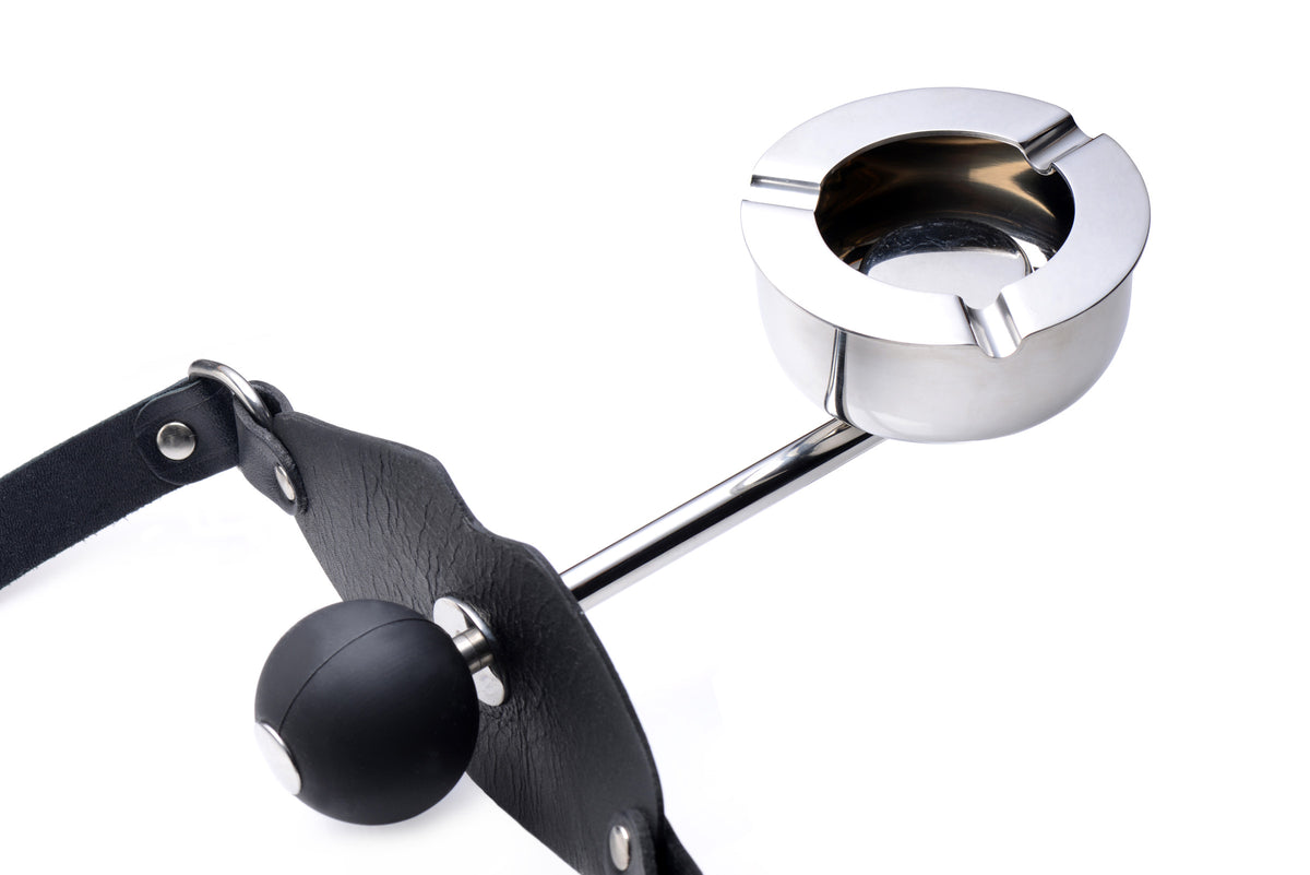 Master Series Ashtray Ball Gag Black with silicone ball gag and stainless steel ashtray for smoking fetish role play.