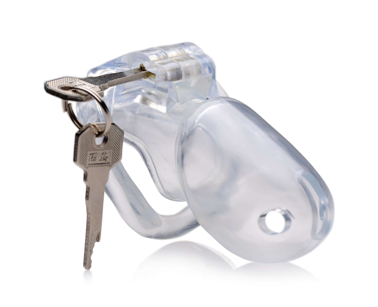 Master Series Clear Captor Chastity Cage Large with key for secure locking and visibility of submissive partner.