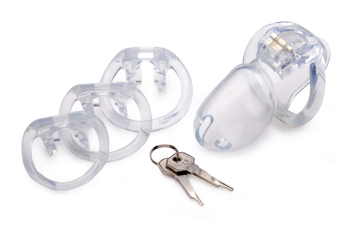 Master Series Clear Captor Chastity Cage Large with key, rings, and locking mechanism for secure submissions.