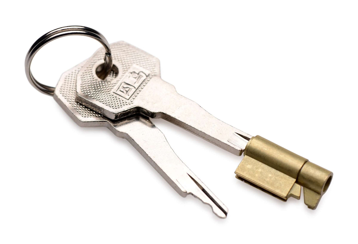 Master Series Clear Captor Chastity Cage Large key for unlocking chastity device with two metal keys on a ring.