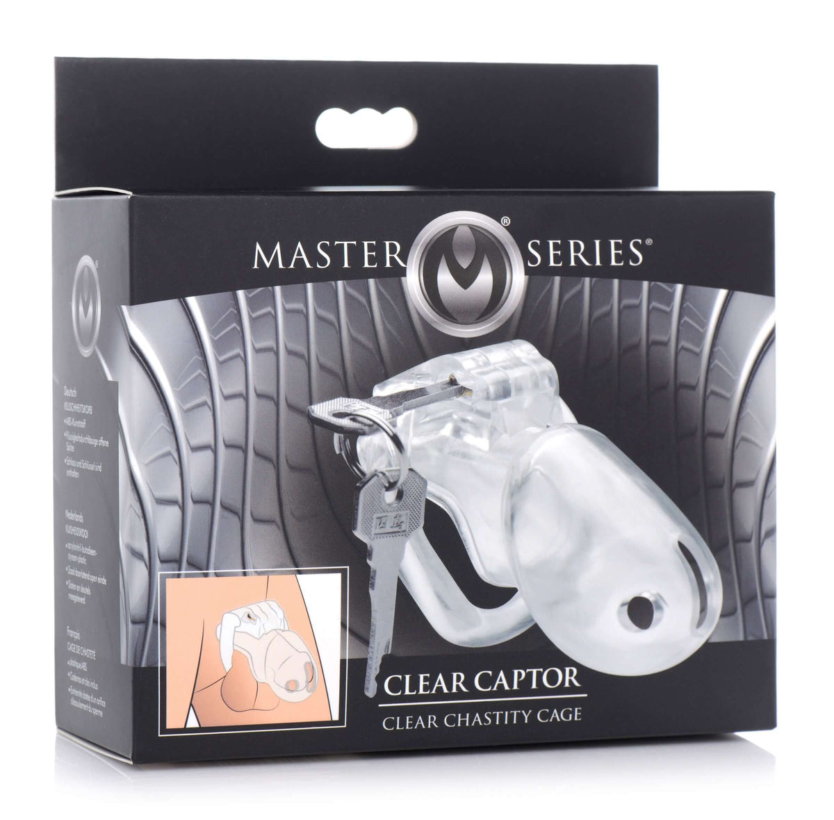 Master Series Clear Captor Chastity Cage Large with key in packaging for enhanced comfort and pleasure control.