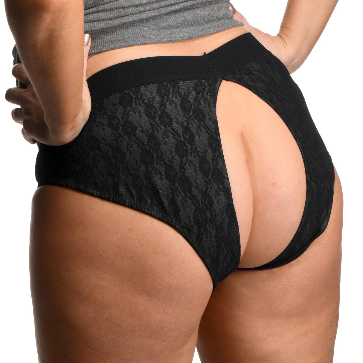 Strap U Lace Envy Black Crotchless Panty Harness 3 XL shown from the back, highlighting its open design and lace details.
