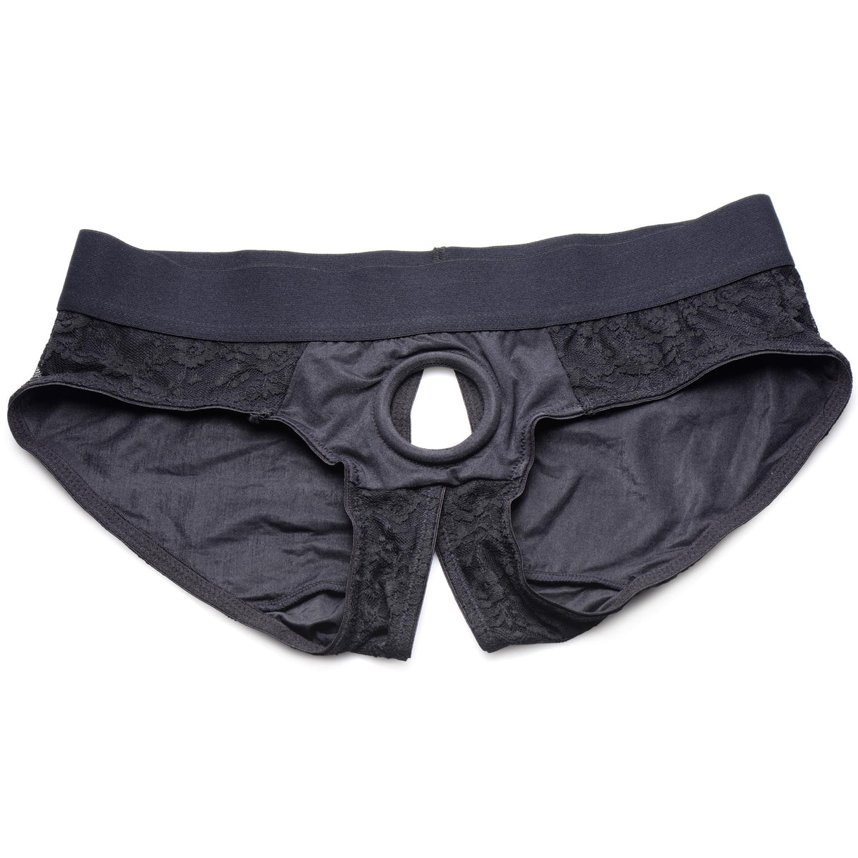 Strap U Lace Envy Black Crotchless Panty Harness 3 XL with O-ring design for simultaneous pleasure.