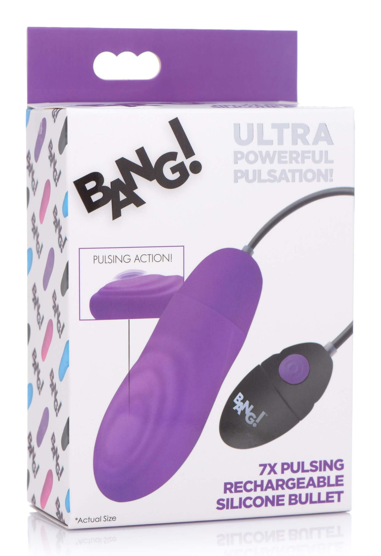 Bang 7X Pulsing Rechargeable Silicone Vibrator Purple packaging showcasing powerful pulsation features.