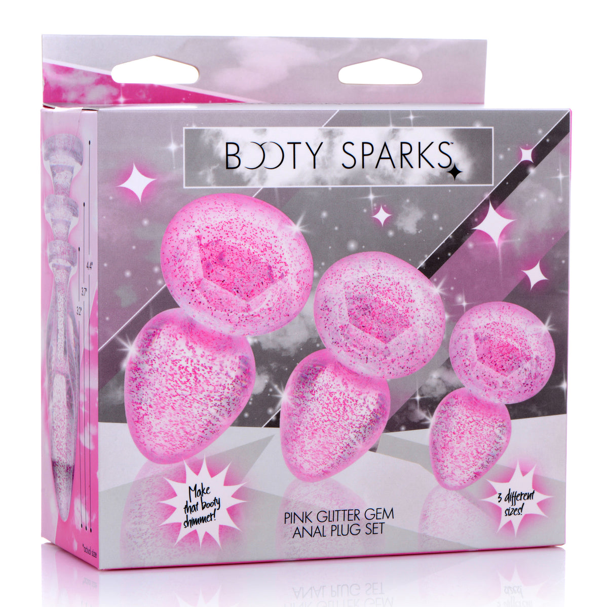 Booty Sparks Glitter Gem Anal Plug Set Pink packaging featuring three pink glittery anal plugs of different sizes.