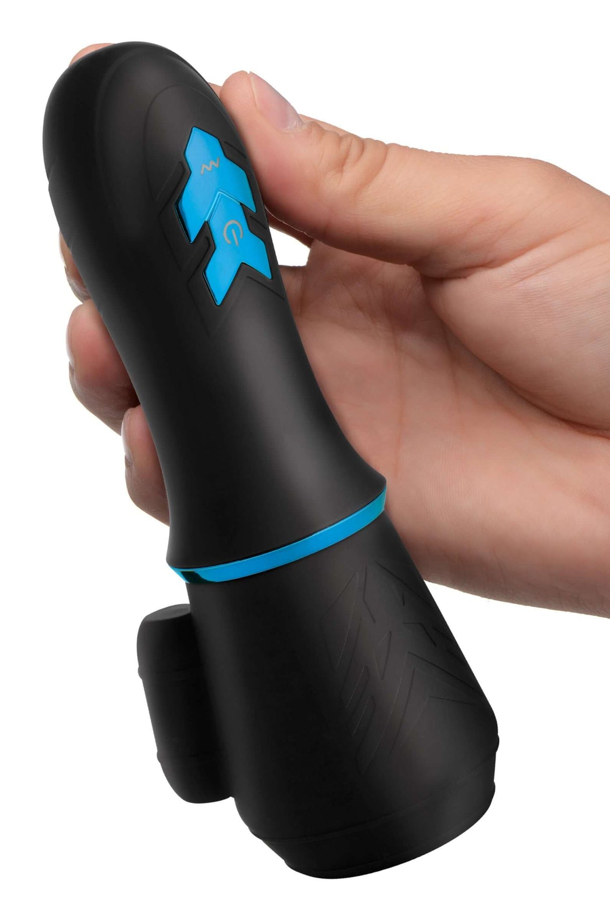 Master Series 10X Turbo Silicone Penis Head Pleaser held in hand with ergonomic design and dual motor features.