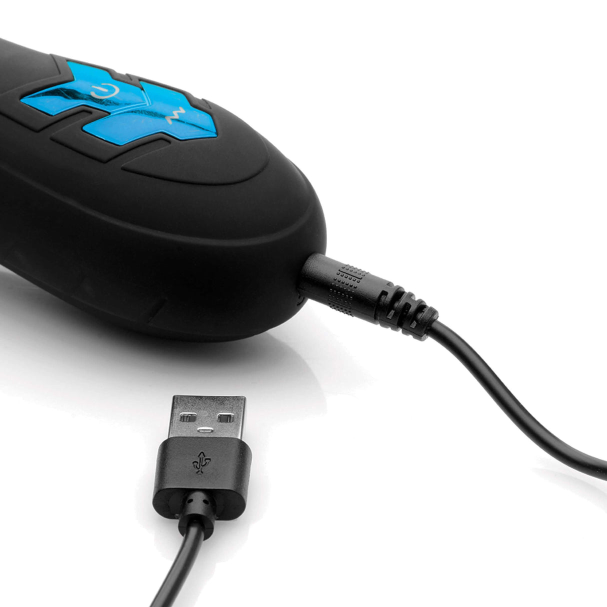 Master Series 10X Turbo Silicone Penis Head Pleaser control panel with USB charging cable connected.