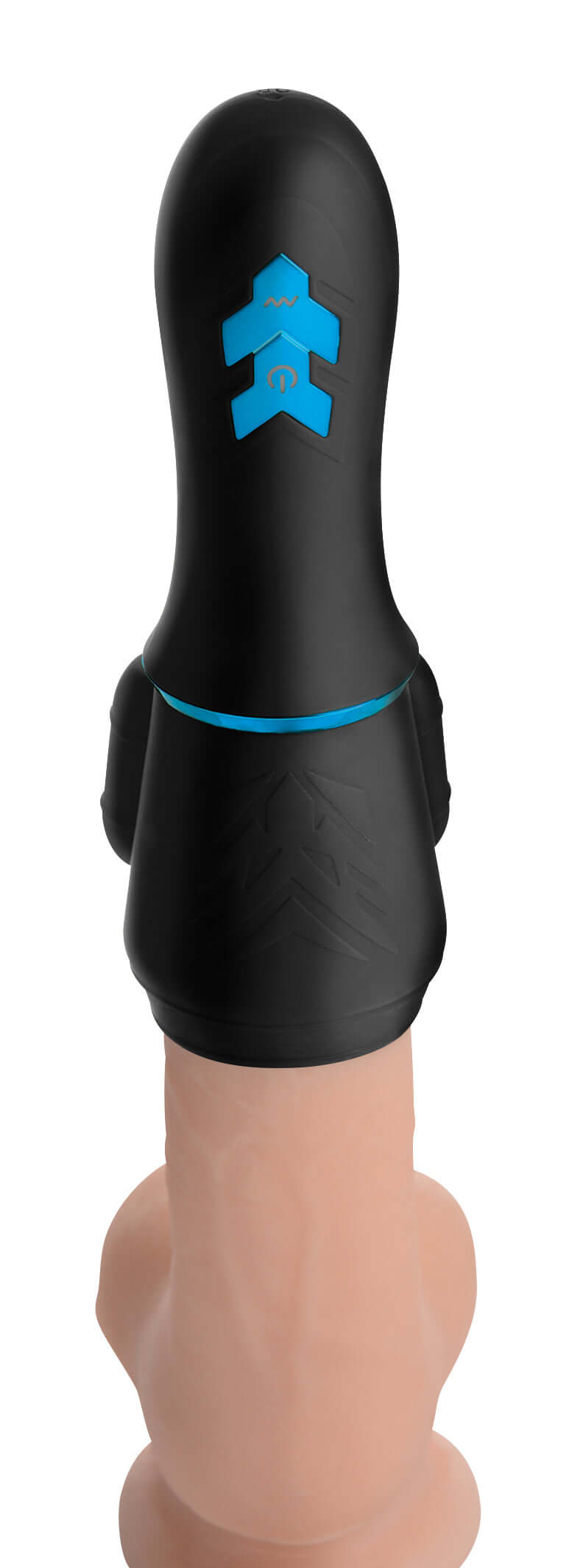 Master Series 10X Turbo Silicone Penis Head Pleaser atop a male form, showcasing its ergonomic design and dual motors.
