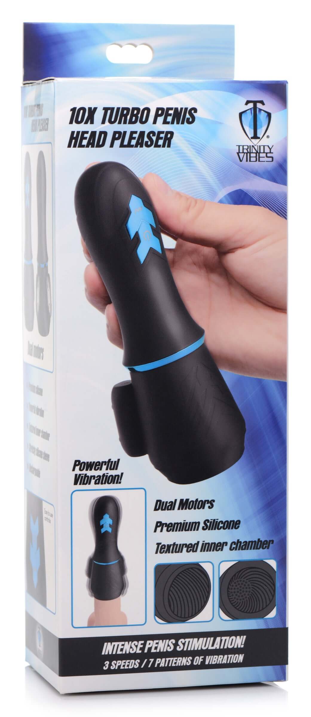 Master Series 10X Turbo Silicone Penis Head Pleaser packaging with features and details highlighted