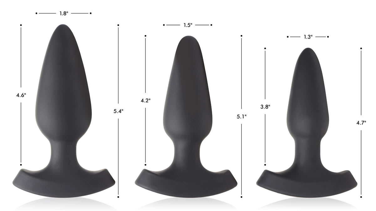 Image of three sizes of 28X Laser Heart Silicone Anal Plug with Remote Large, showcasing dimensions.