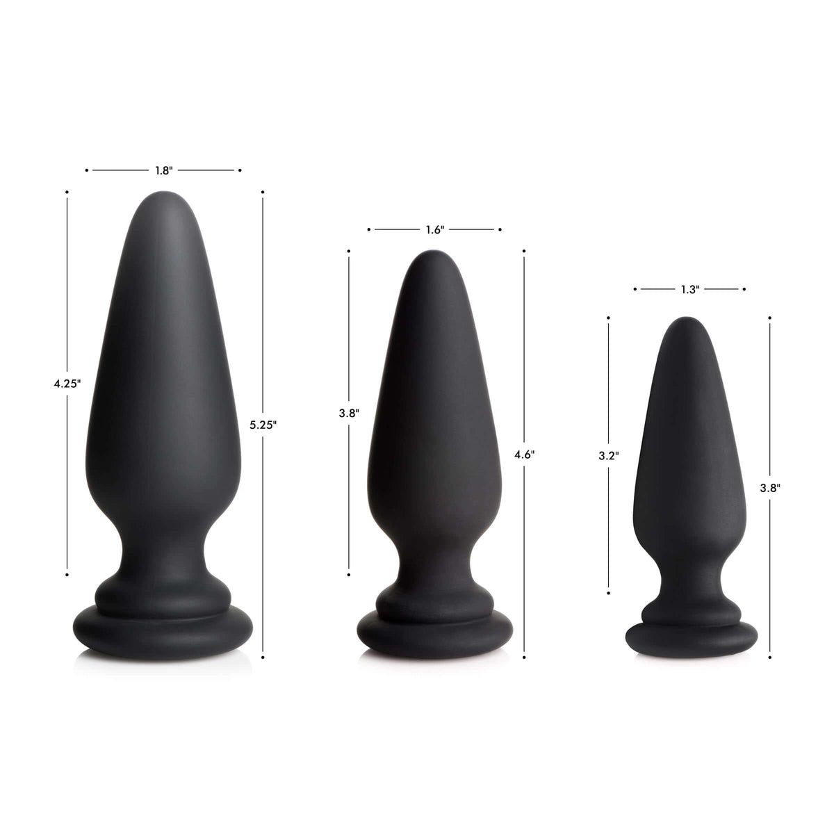 Tailz Interchangeable Silicone Anal Plug XL Black dimensions image showing various sizes of the plug.