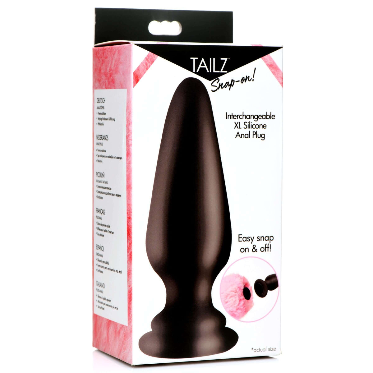 Tailz Interchangeable Silicone Anal Plug XL Black packaging displaying features and design.