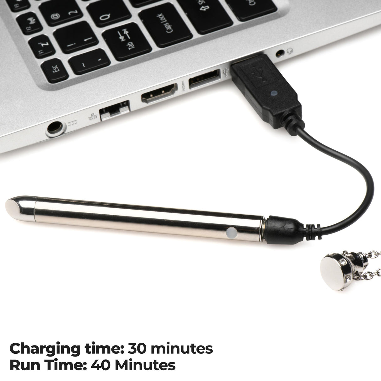 Charmed 7X Vibrating Necklace Silver charging via USB with laptop, showing charging time of 30 minutes, run time of 40 minutes.