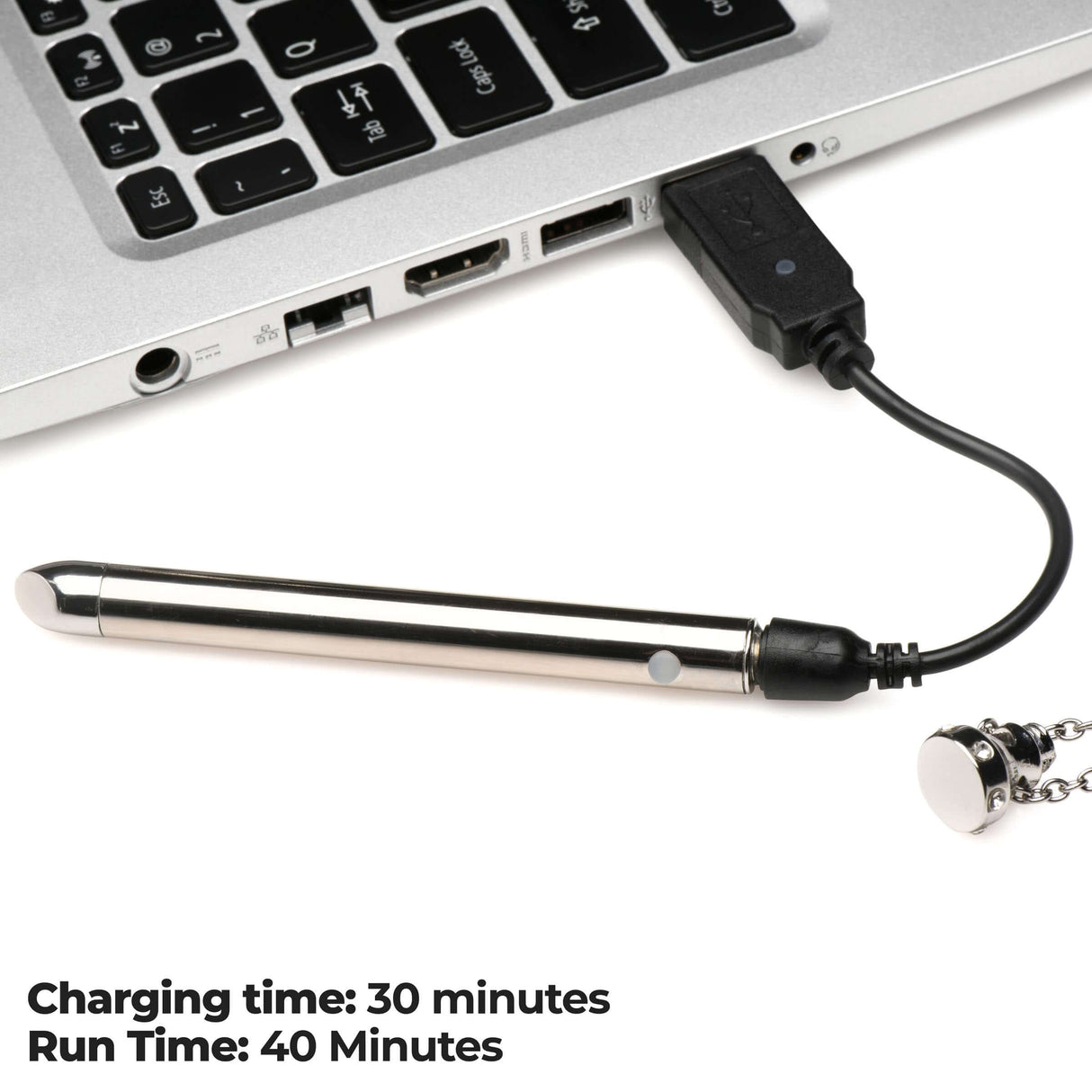 Charmed 7X Vibrating Necklace Silver charging via USB with laptop, showing charging time of 30 minutes, run time of 40 minutes.