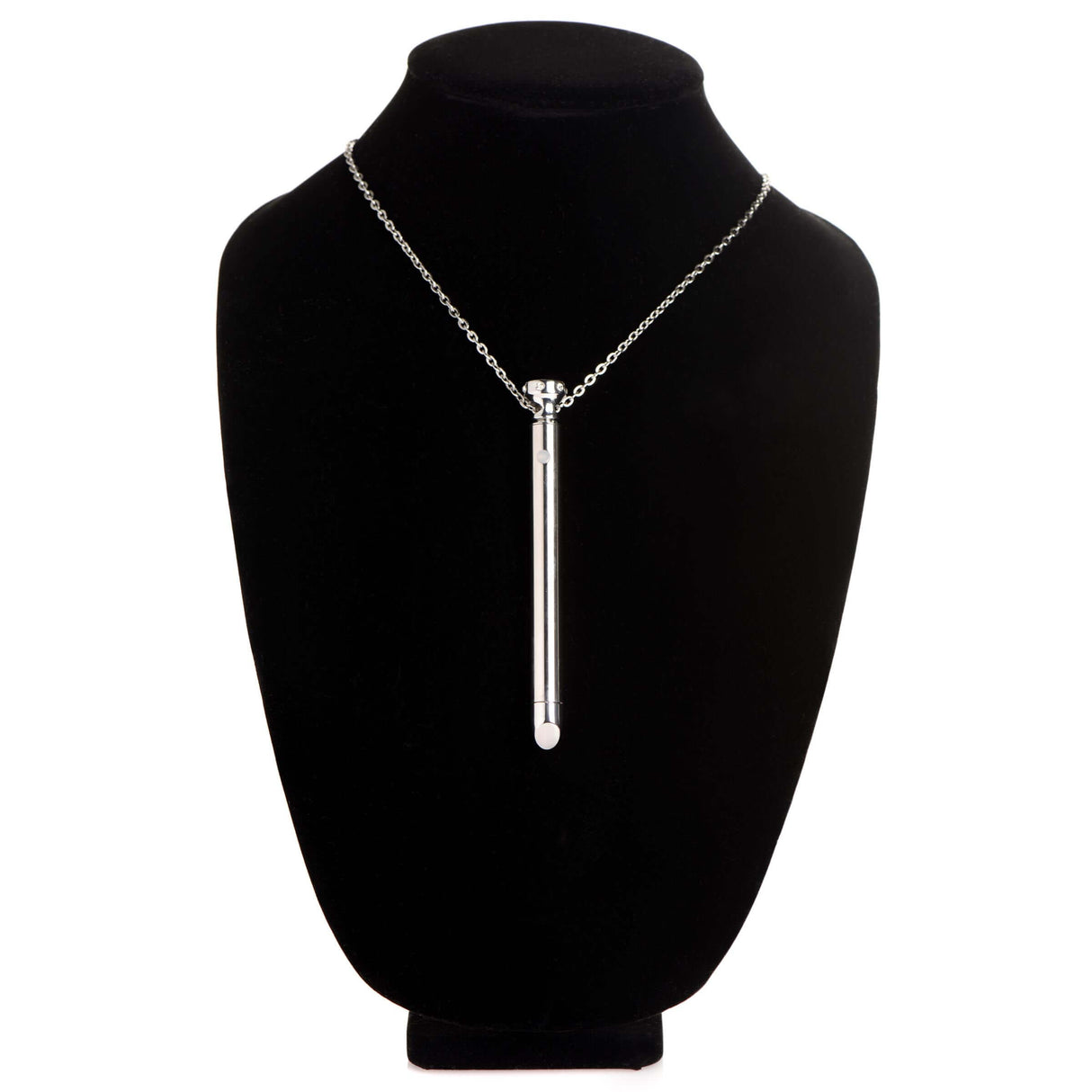 Charmed 7X Vibrating Necklace Silver displayed on a black necklace stand, showcasing its sleek design and features.