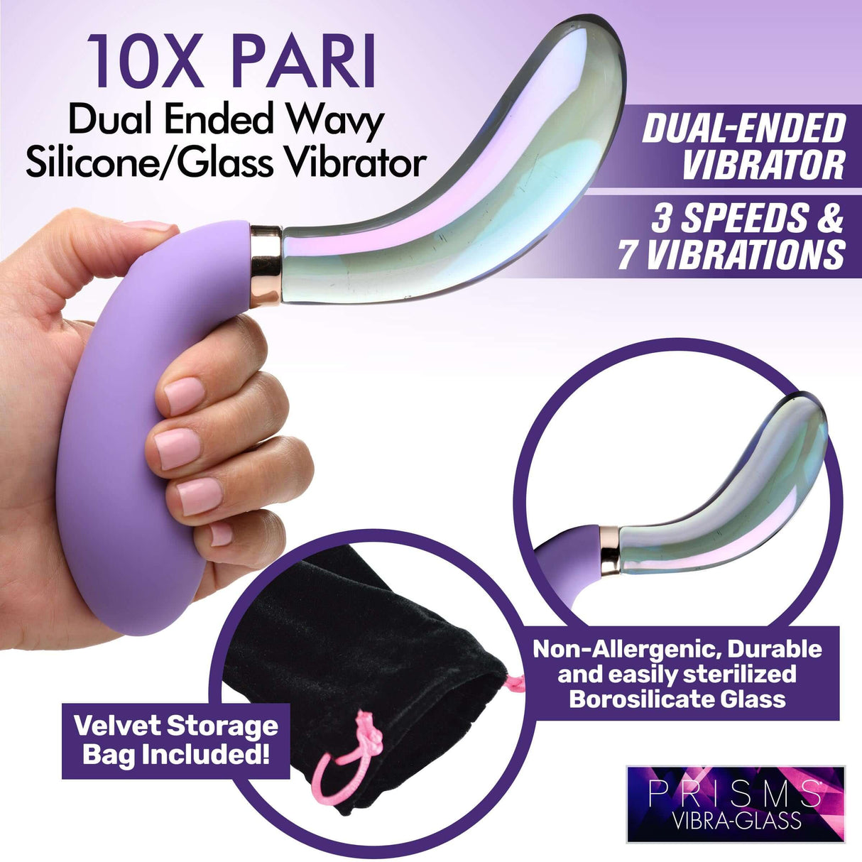 10X Pari Dual Ended Wavy Silicone & Glass Vibrator with dual ends and velvet storage bag.
