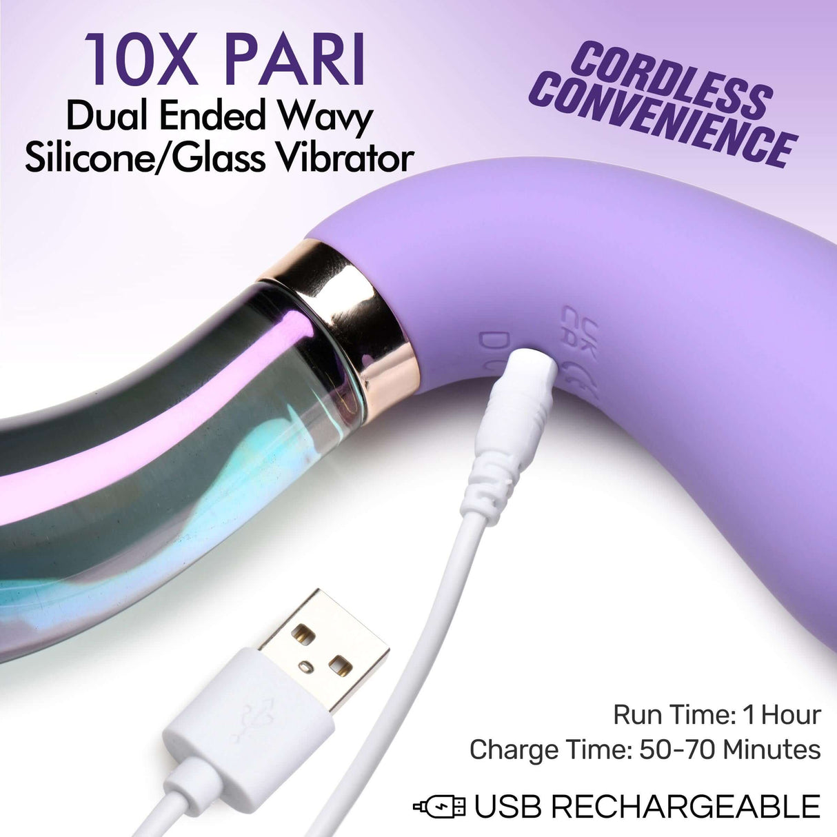10X Pari Dual Ended Wavy Silicone & Glass Vibrator with USB recharge capability and cordless convenience.