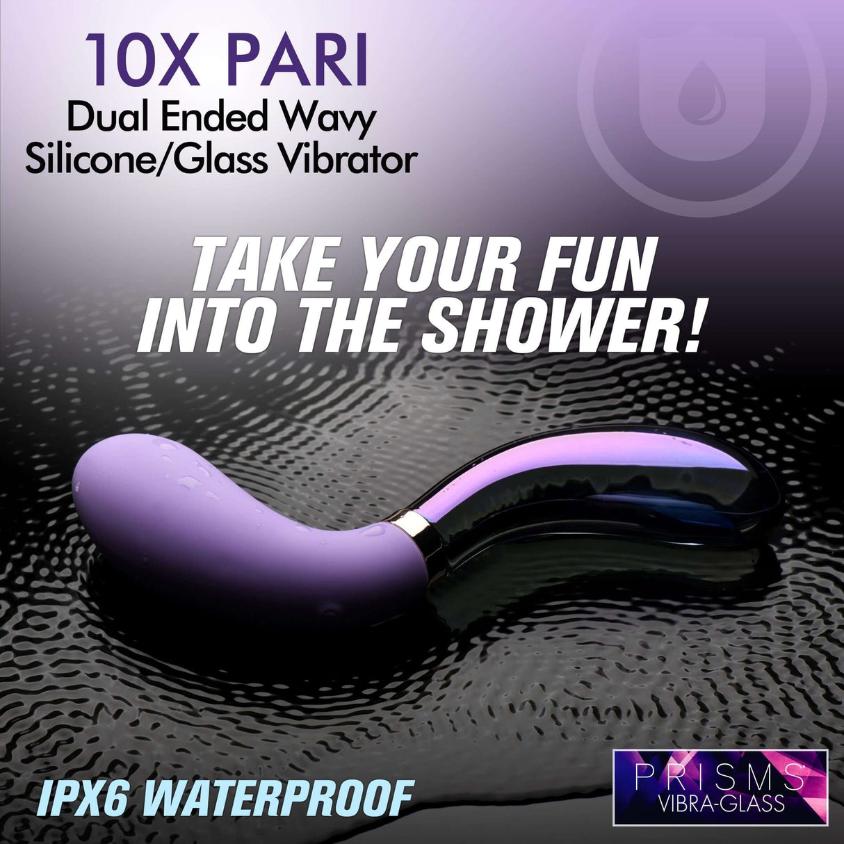 10X Pari Dual Ended Wavy Silicone & Glass Vibrator showcasing dual materials and waterproof design.