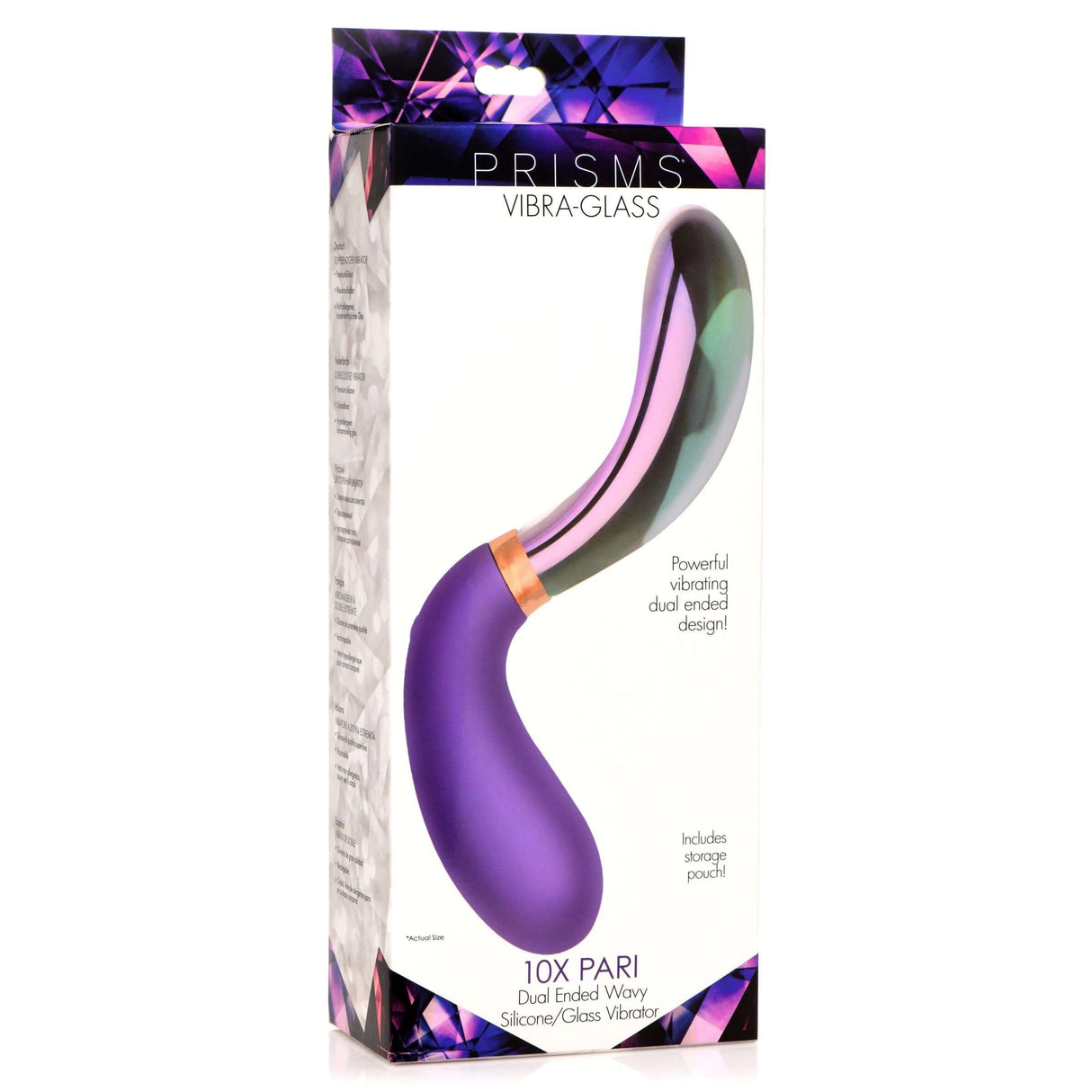 10X Pari Dual Ended Wavy Silicone & Glass Vibrator packaging showcasing the unique design and features.